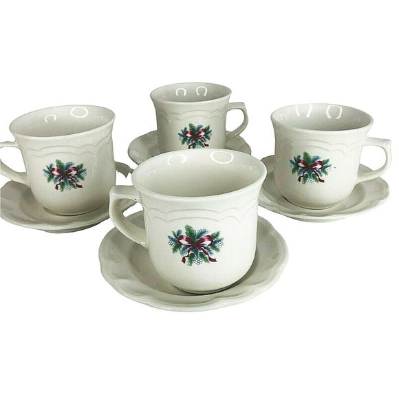Pfaltzgraff Other - 4 Pfaltzgraff Red Ribbon Cup And Saucer Sets Stoneware Christmas Holiday Vintage